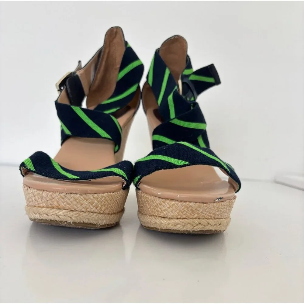 Tommy Hilfiger Sandals 10 Wedge Navy Green Striped Espadrille Preppy Nautical - Picture 7 of 16